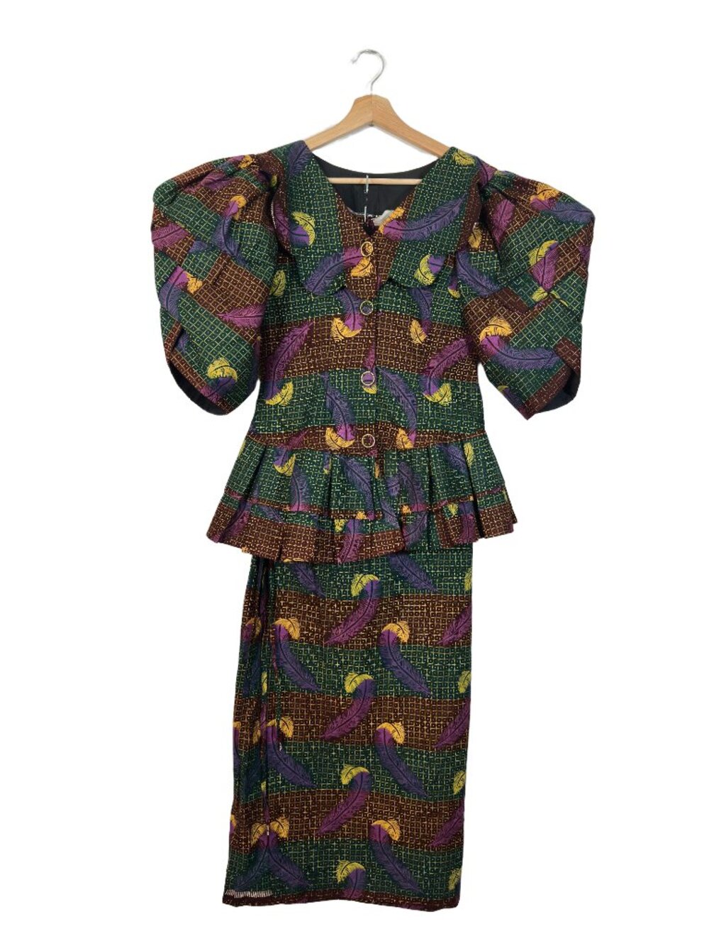 West African Handmade Wax Print Ankara Peplum Skirt Set Size M Statement Sleeve